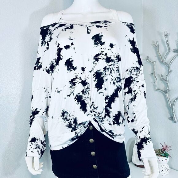 Cha Cha Vente Cold Shoulder Long Sleeve Tie Dye Top Black White Womens - Picture 10 of 11